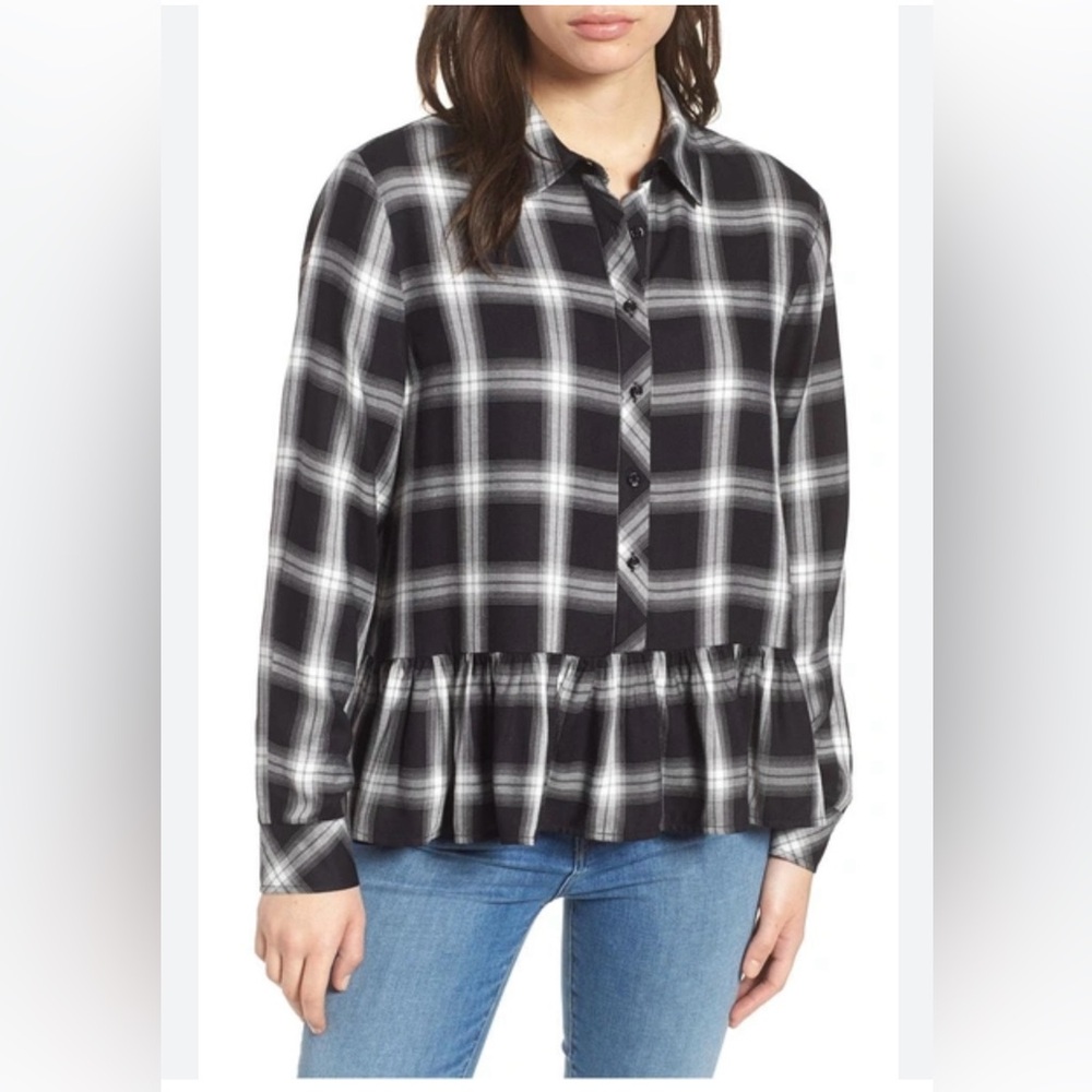 Vince Camuto | Plaid Ruffled Peplum Button Down Blouse